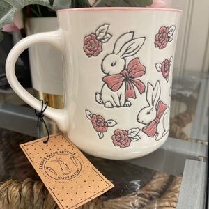 Easter Pink Bow Bunnies and Roses Ceramic Coffee Mug  Coquette NWT